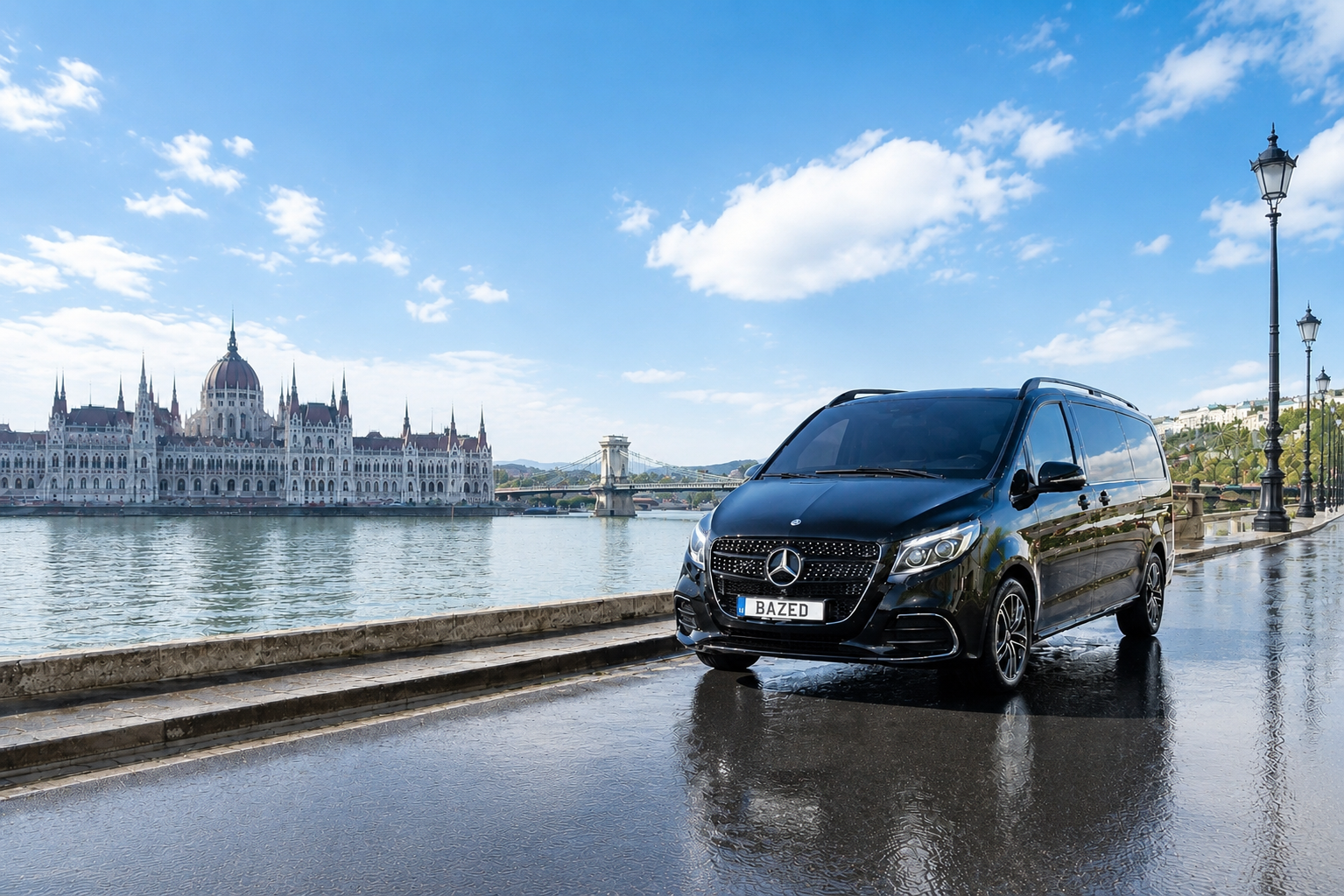 BAZED Mercedes V-Class at sunset — Budapest Parliament